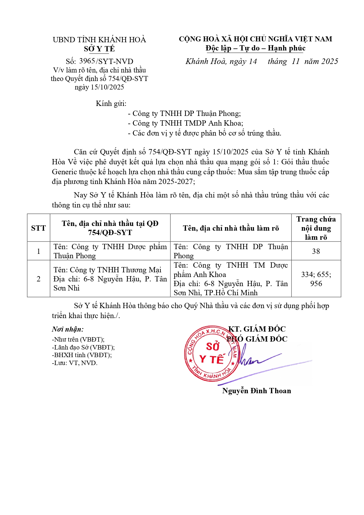 V/v làm rõ tên, địa chỉ nhà thầu theo Quyết định số 754/QĐ-SYT ngày 15/10/2025